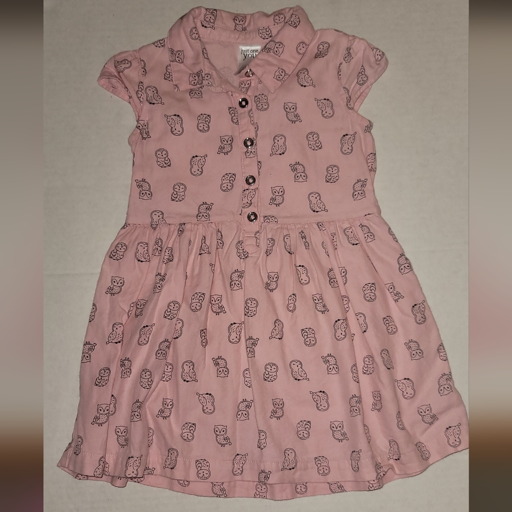 Carters pink front button dress owls design collar short cap sleeved
